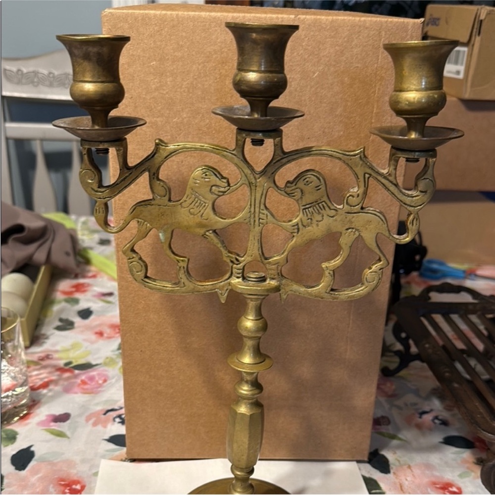Elegant Brass Candelabra‎ with Lion Design